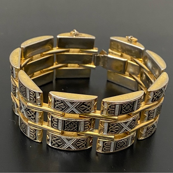 Vintage Gold-tone Damascene Art Deco 3-Row Hinged Bracelet 49g. - Picture 2 of 16